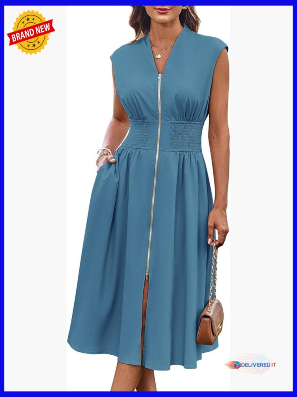 Casual Midi Dress with Pockets, Cap Sleeve Zipper Front Flowy Summer Work Dress